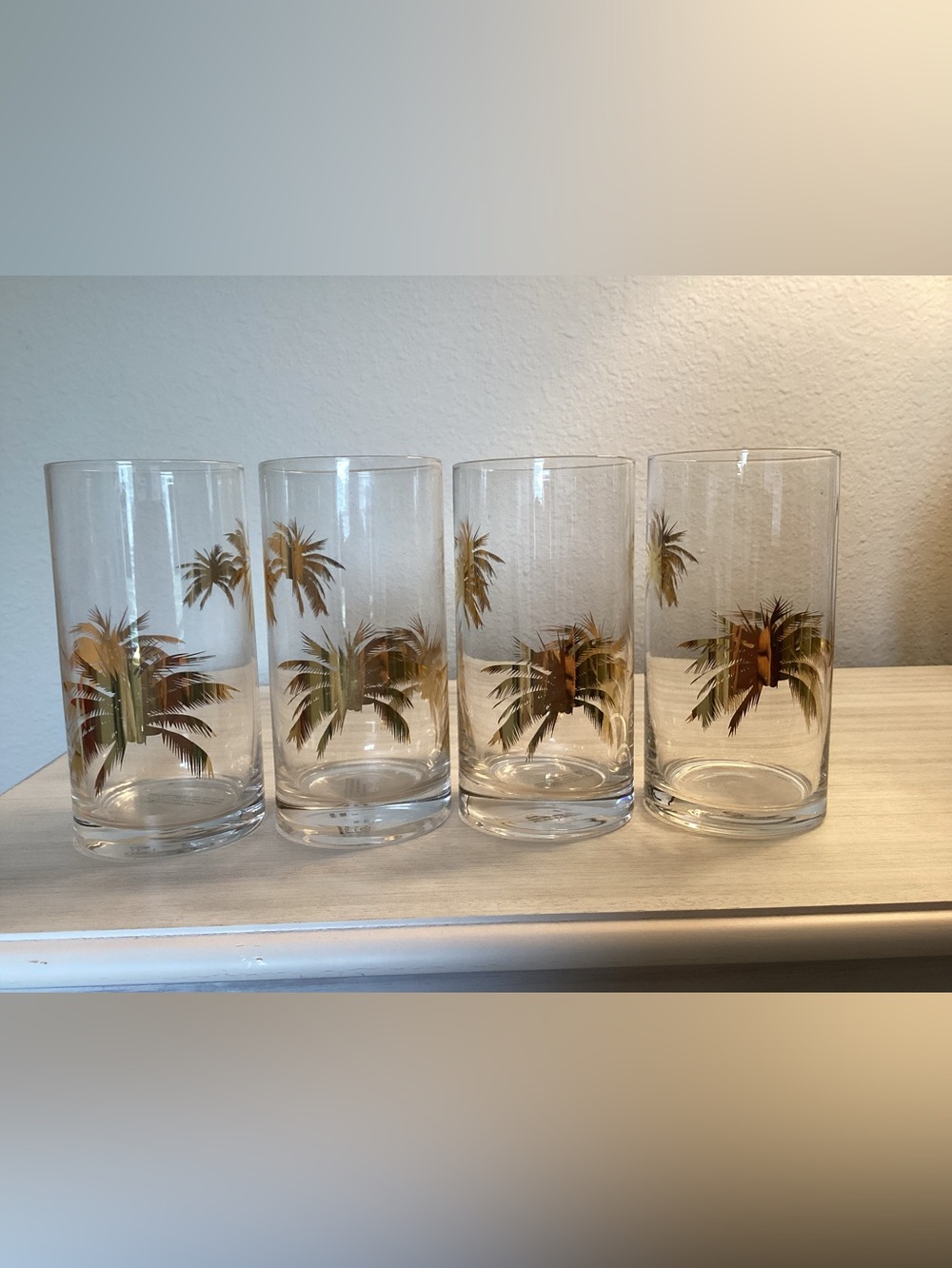 4 Cellini Palm Cooler Glasses 18.5 Oz Tropical Oasis 24k Gold Embossed  - IEC